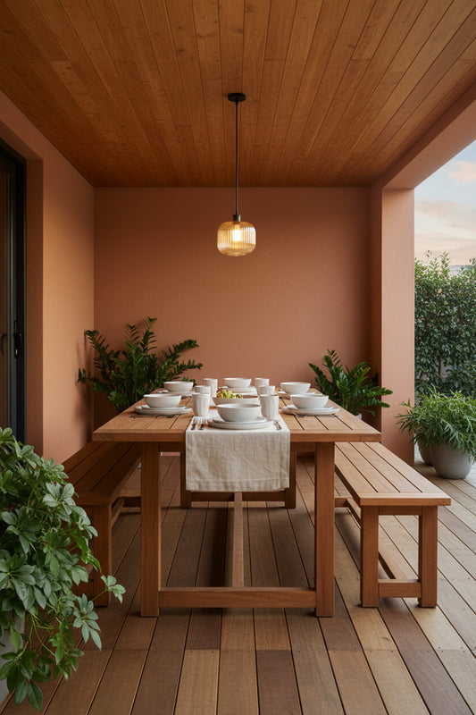 A wooden dining table with matching benches on a covered patio, with amber Balmain Reeded Glass Outdoor Pendant 
