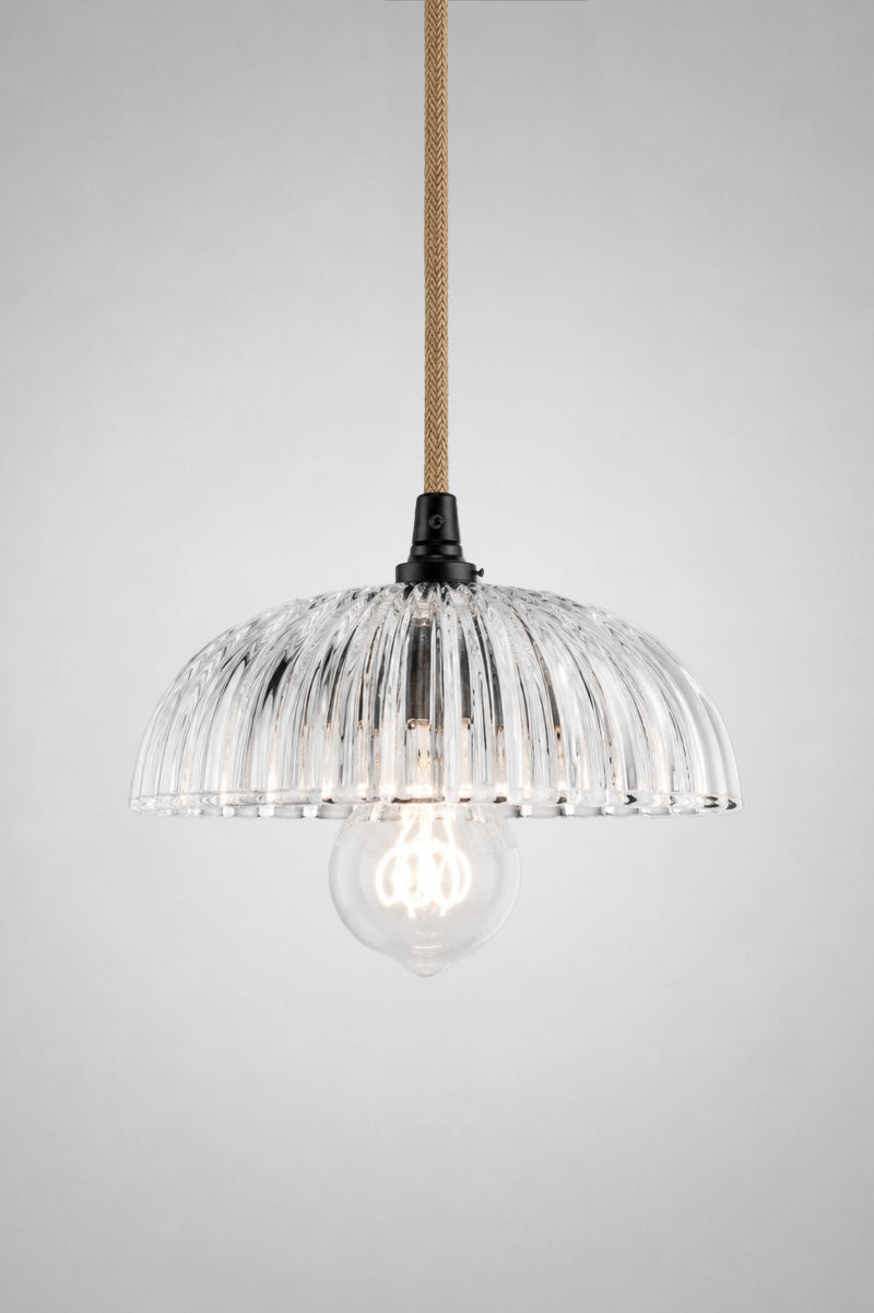 Deloraine clear glass pendant light on a Jute and black pendant cord.