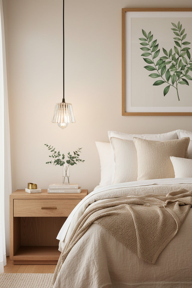 bedroom setting with a Davis pendant light over a nightstand. Compact, tapered design ideal for smaller spaces