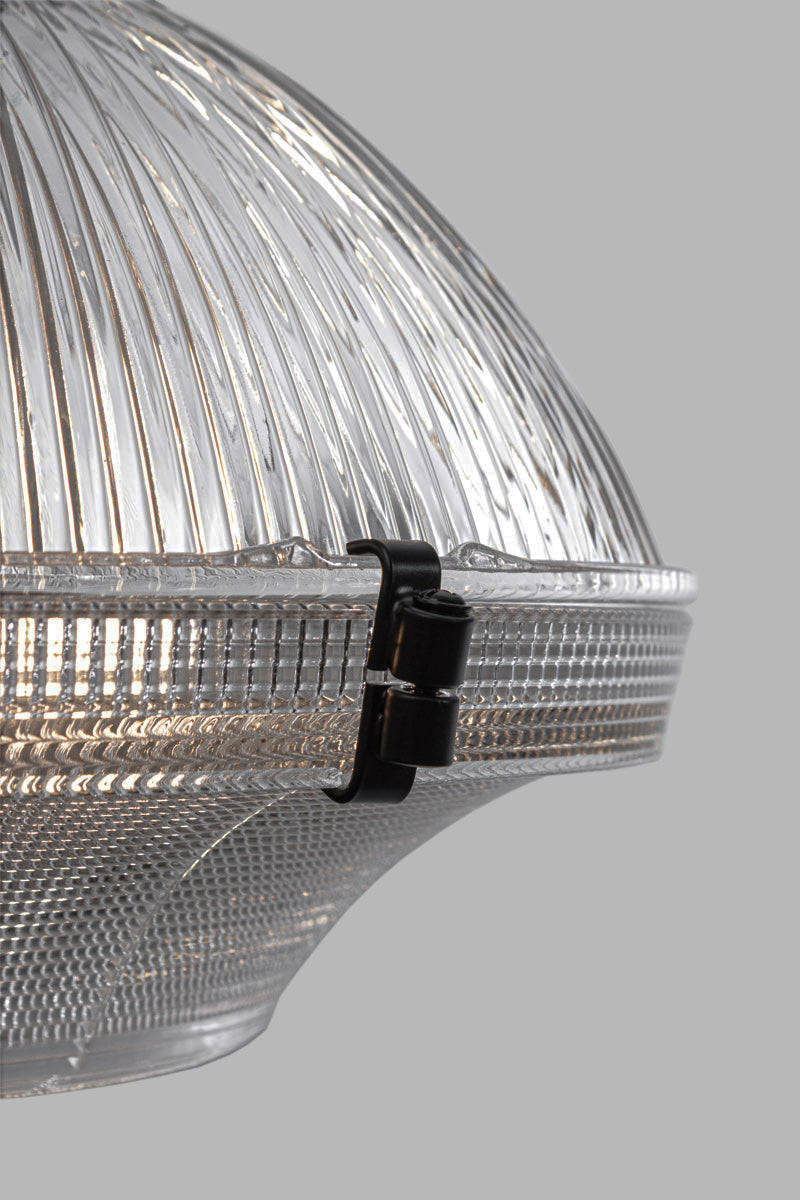 Close up detail of the Glass Pendant Light showing the black metal retaining clamp and layered textured clear glass construction.