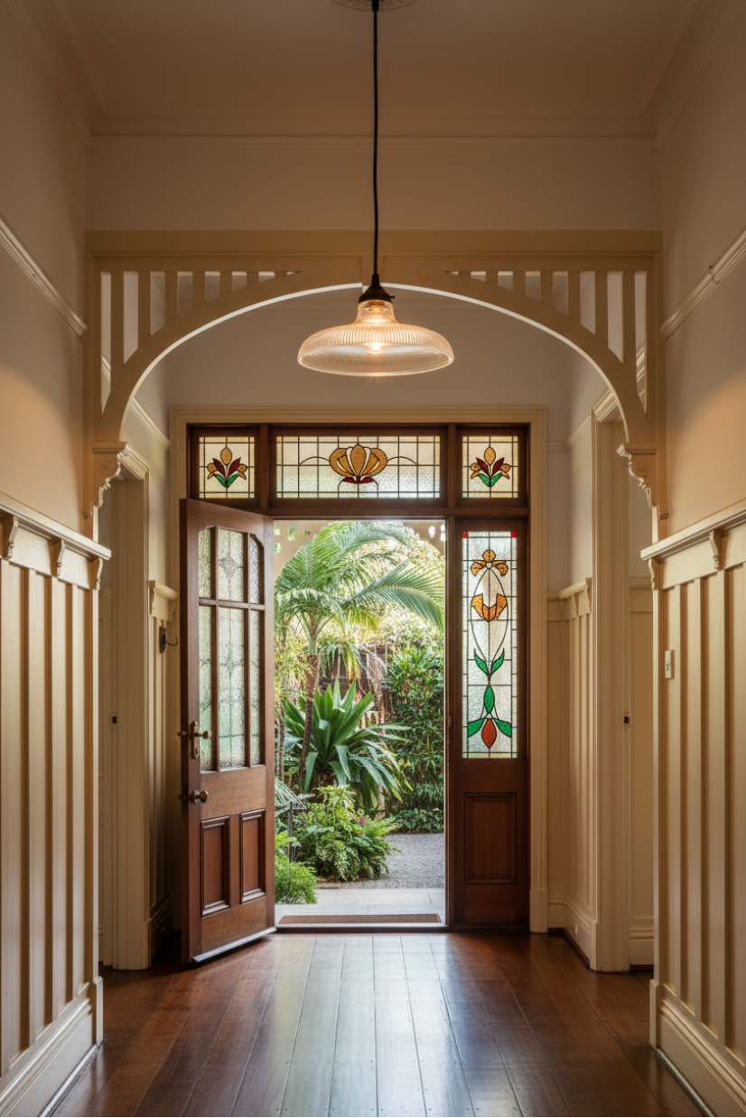 Large glass shade in a hallway entrance in a Federation-style Australian home (likely Queensland or NSW given the lush greenery) that blends classic architectural details with a more contemporary lighting choice.