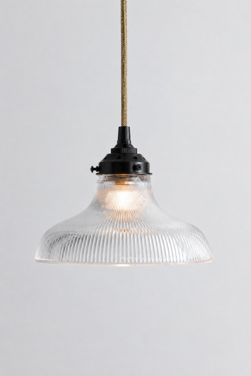 Small holophane detailed glass shade with a black gallery, lampholder and jute cord. 