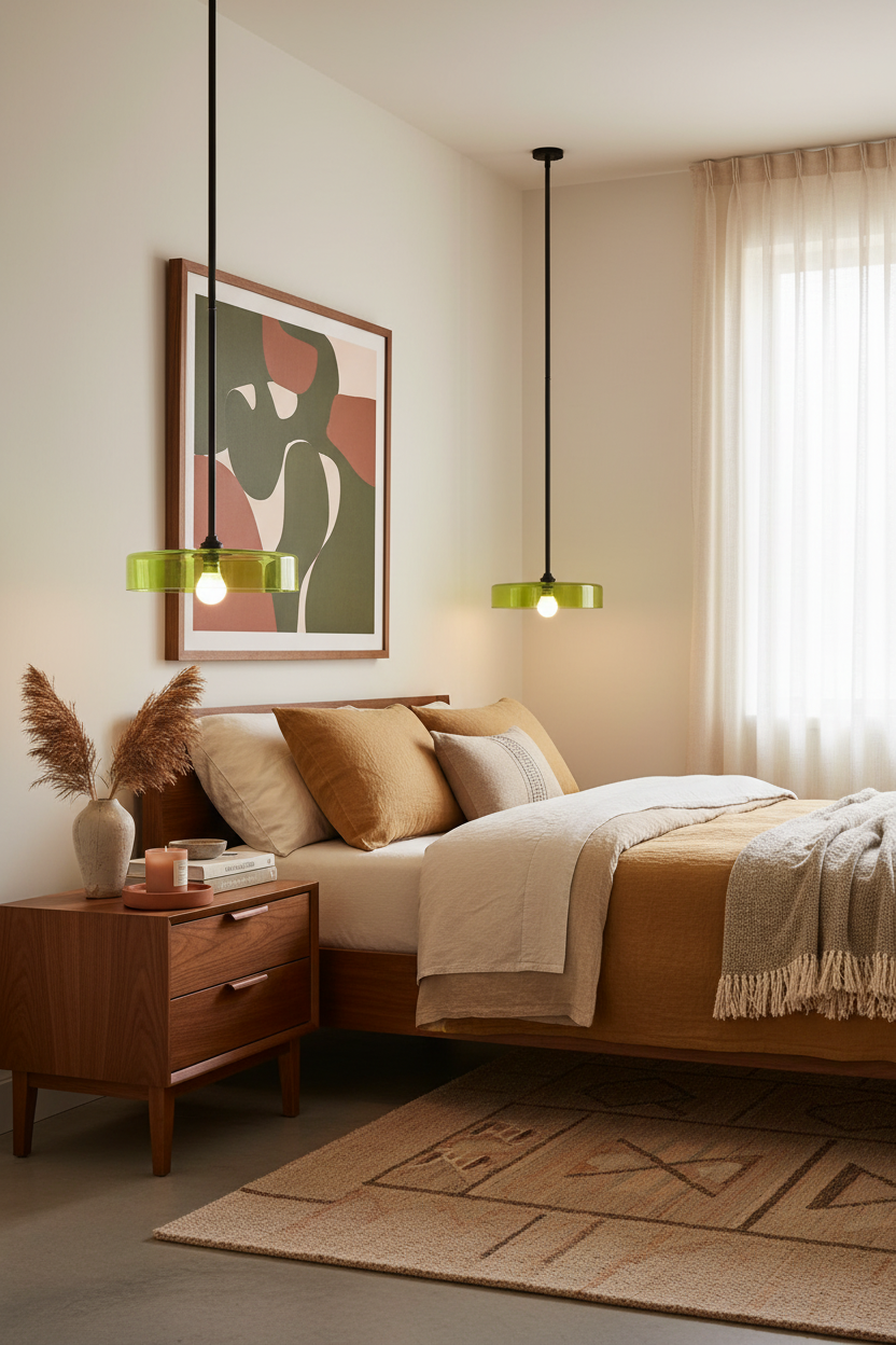 Modern bedroom with a bed, and two Valla glass pole pendant with green transparent tinted glass 