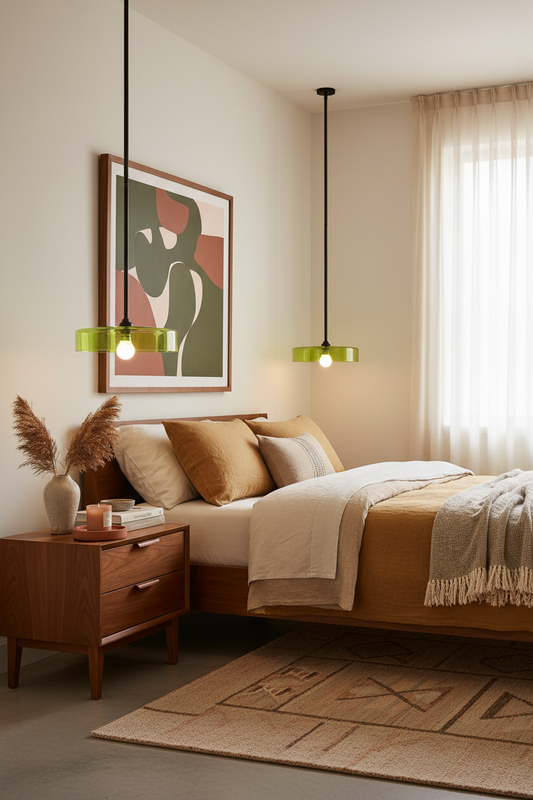 Modern bedroom with a bed, and two Valla glass pole pendant with green transparent tinted glass 