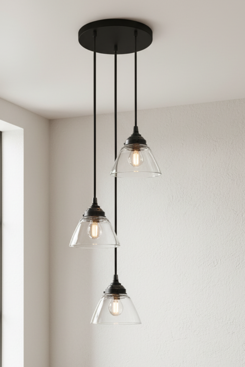 Belmont Glass 3 Drop Pendant Light with clear glass shades and black ceiling rose.
