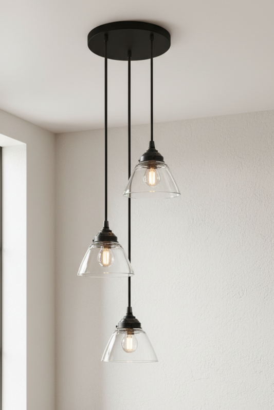Belmont Glass 3 Drop Pendant Light with clear glass shades and black ceiling rose.