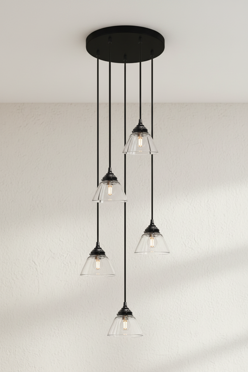 Belmont Glass Multi Drop Pendant Light featuring five clear glass shades with black suspension cords