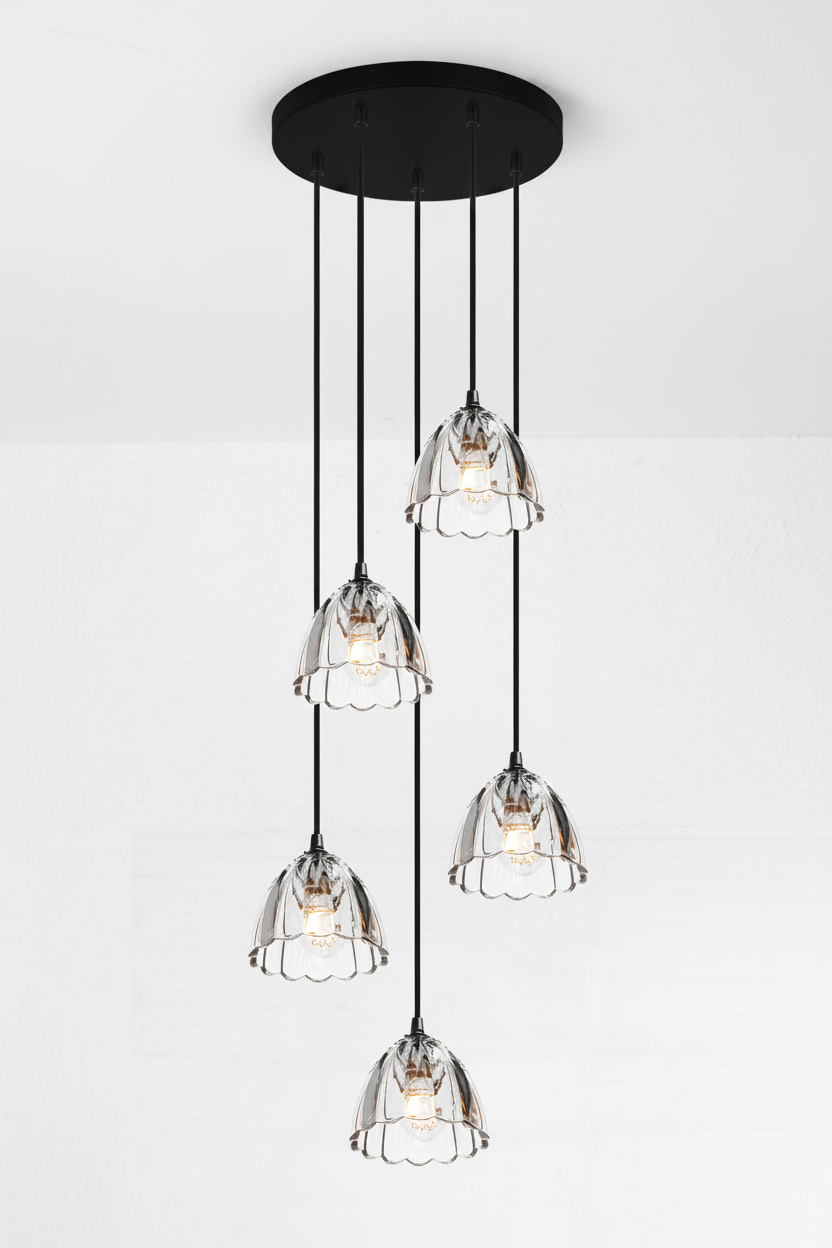 Monroe Glass Multi Drop Chandelier in five light configuration featuring cascading clear textured glass shades and black ceiling rose.