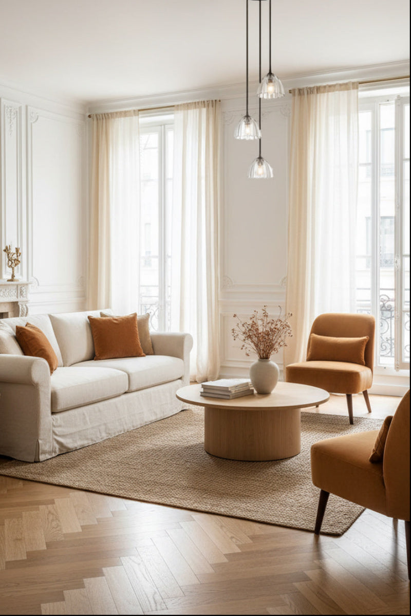Three drop pendant light with black cords and hardwar and clear glass shades in a modern heritage living space. 
