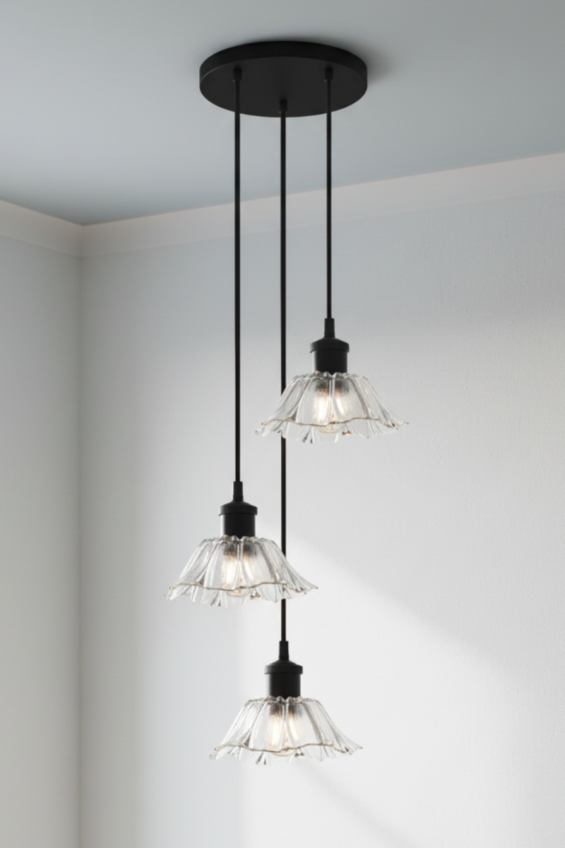 Honfleur Glass Multi Drop Pendant with 3 clear fluted glass shades suspended at staggered heights in the home