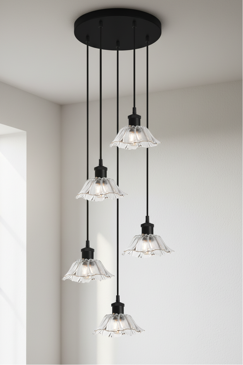 Honfleur Glass Multi Drop Pendant with five clear fluted glass shades suspended at staggered heights from a black round ceiling rose.