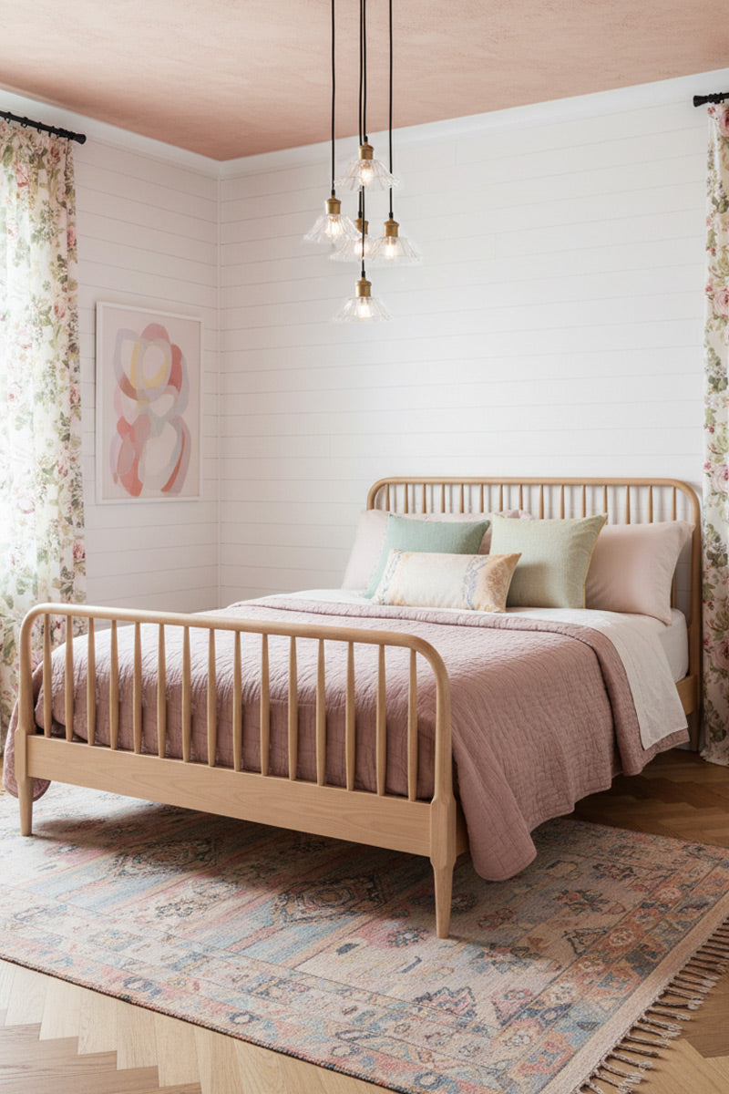 Five light multi pendant with clear glass shades and gold/brass and black pendant ords in a bright, pink toned bedroom. 