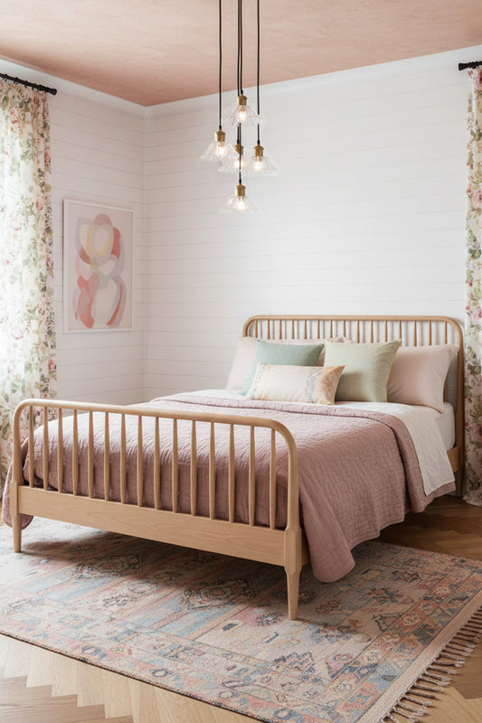 Five light multi pendant with clear glass shades and gold/brass and black pendant ords in a bright, pink toned bedroom. 