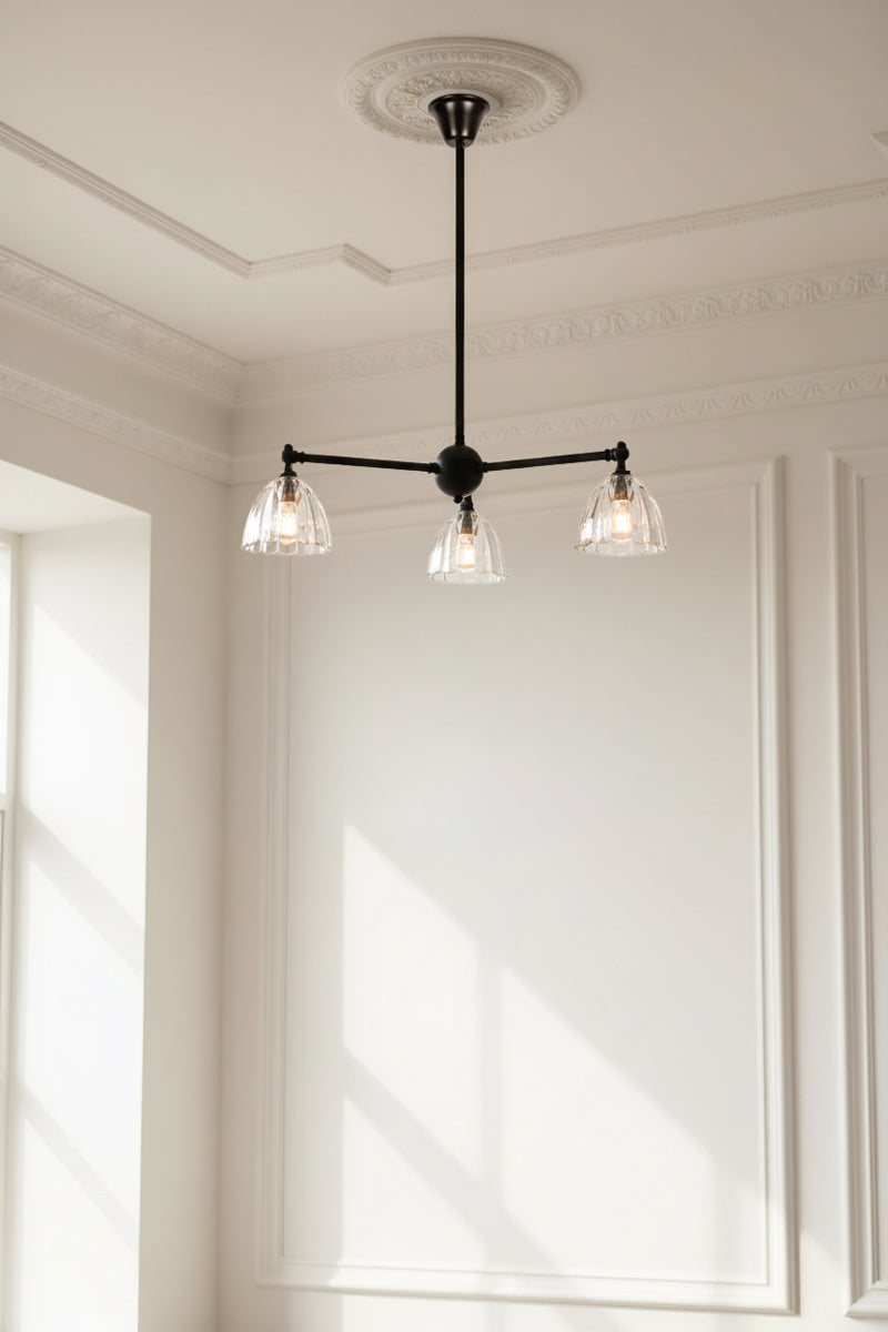Black 3 arm pendant light with tiltable lampholders, paired with clear glass shades. 