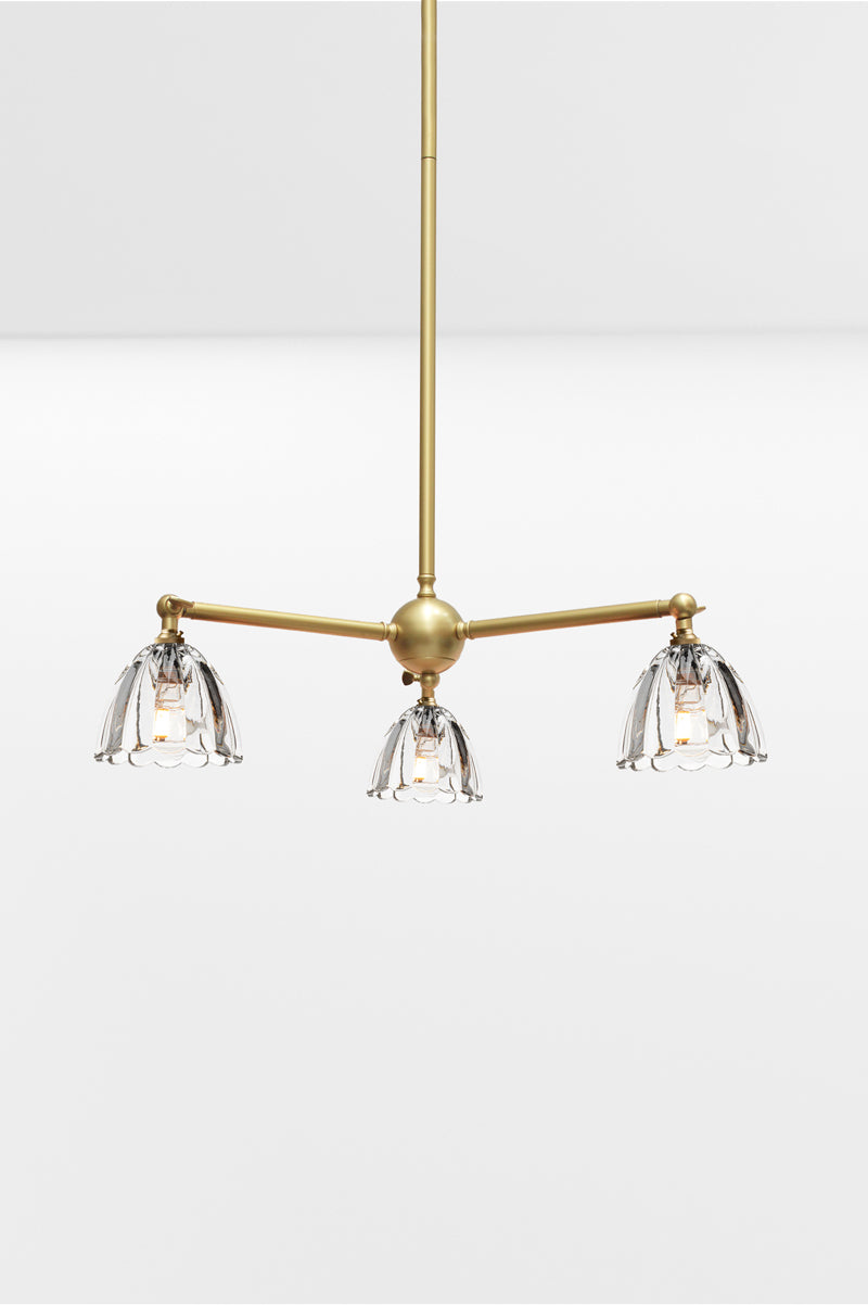 Gold/Brass 3 arm chandelier with tiltable lampholders, paired with 3 clear glass shades. 