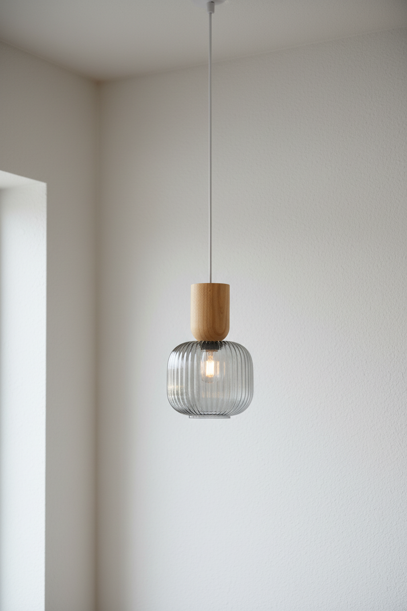 Balmain Reeded Glass Nord Pendant Light with grey shade and wood fitting. Very coastal