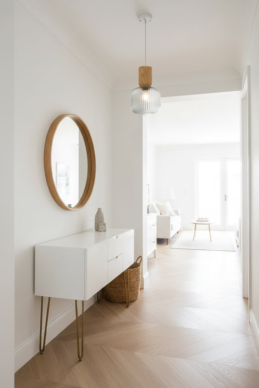 A bright, modern hallway with a white console table, a round wooden-framed mirror, a reeded glass hanging pendant light.