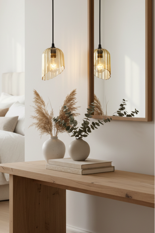 modern bedroom with light over console table