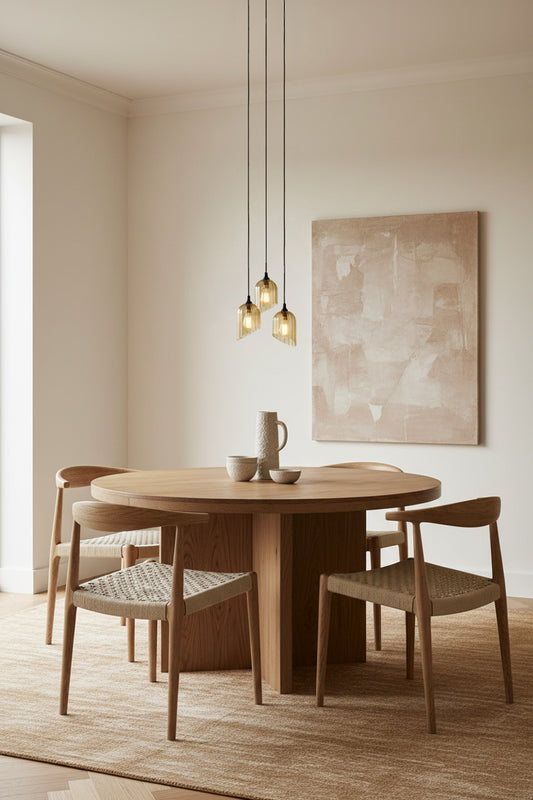 Three fluted glass shade with an angle cut on black pendant cordover a muted dining setting. 