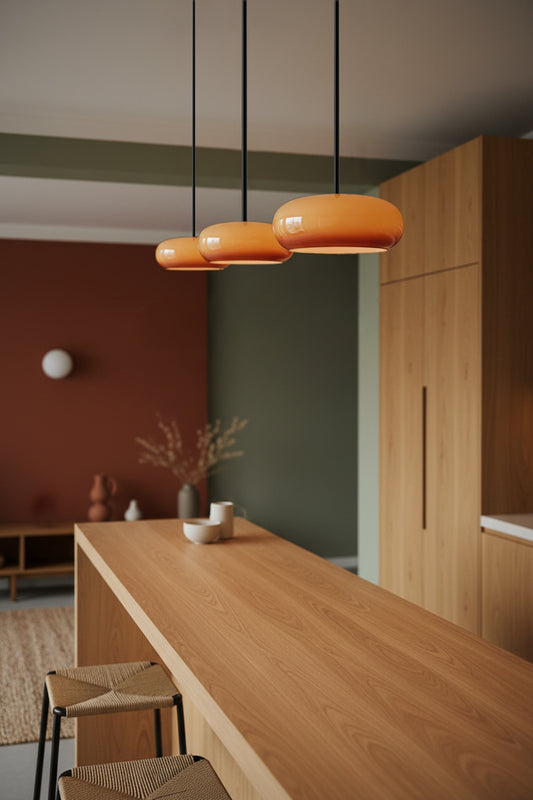 Modern kitchen with wooden counter, 3 avoca pendant lights hanging above