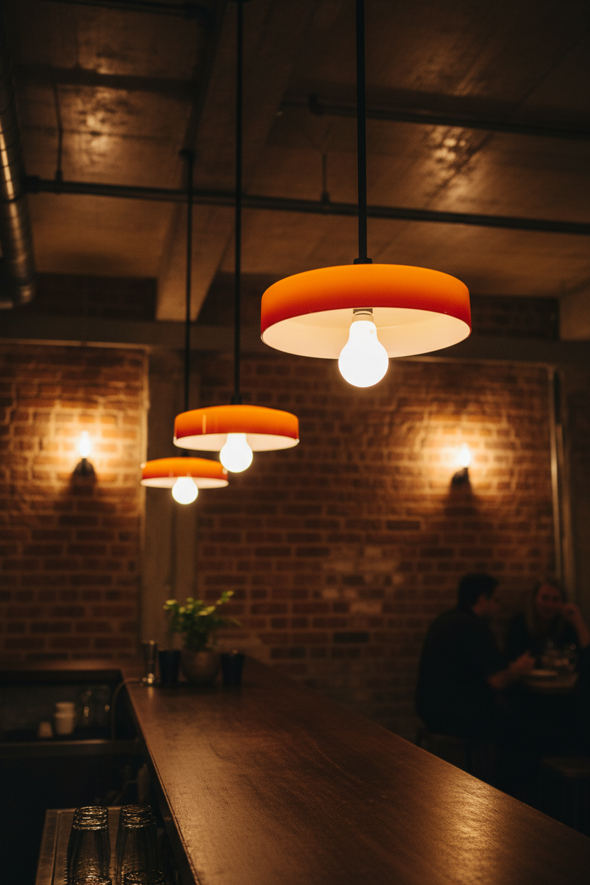 Modern glass pole pendants hanging above a bar with a brick wall background