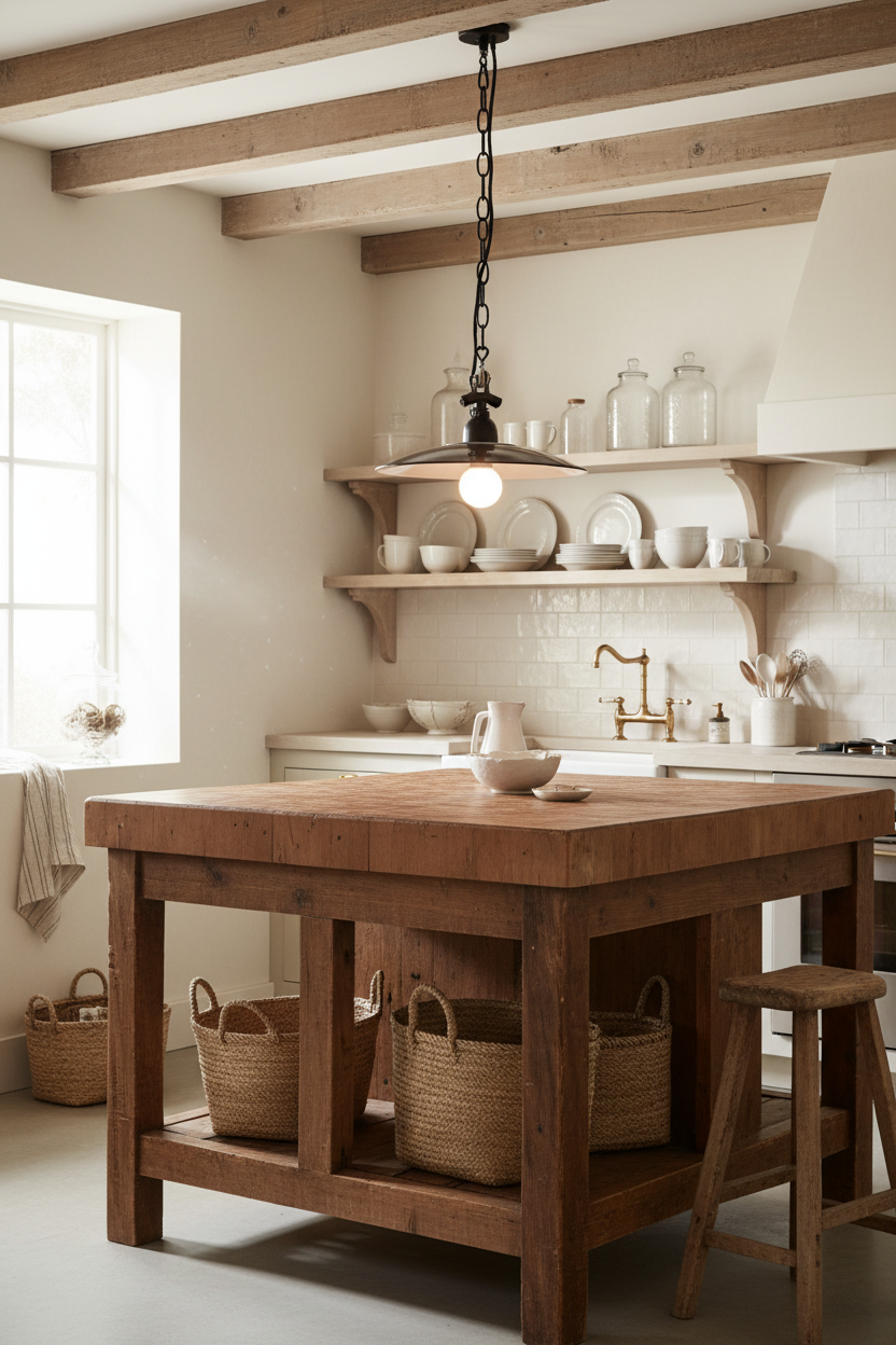 Sidh pendant light in kitchen with wooden island and shelves, featuring a warm and inviting atmosphere.
