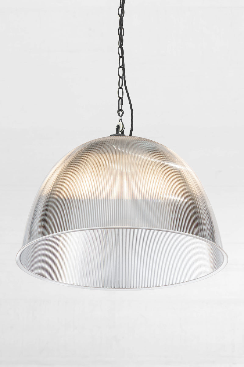 Large clear prismatic pendant with black chain style pendant suspension