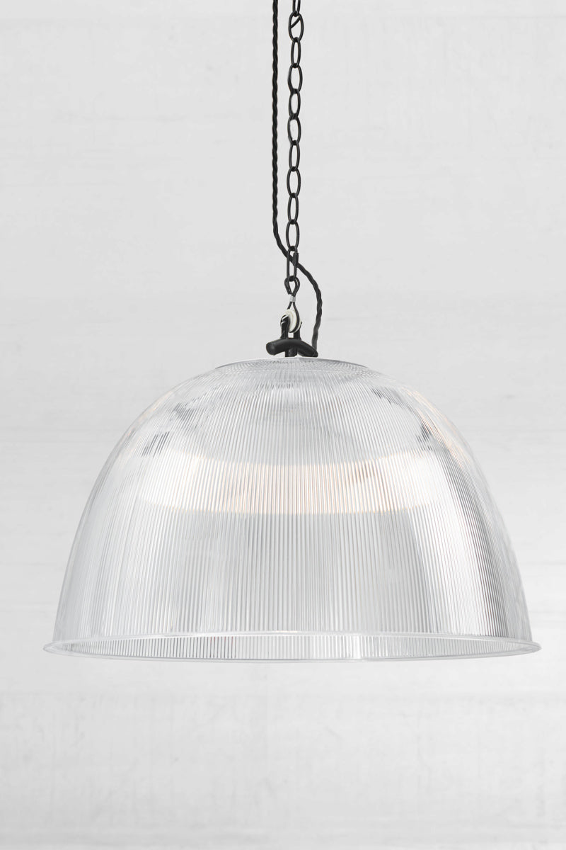 Large clear prismatic pendant with black chain style pendant suspension