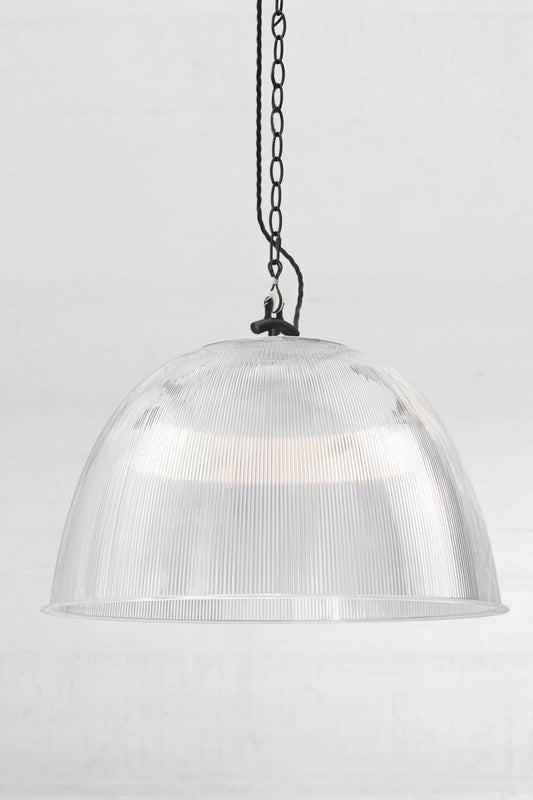 Large clear prismatic pendant with black chain style pendant suspension