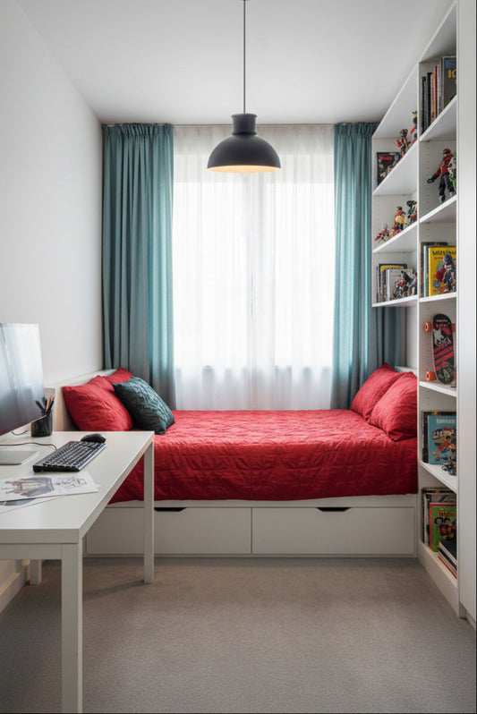 Matt black industrial dome pendant light hanging in a bright bedroom space. 