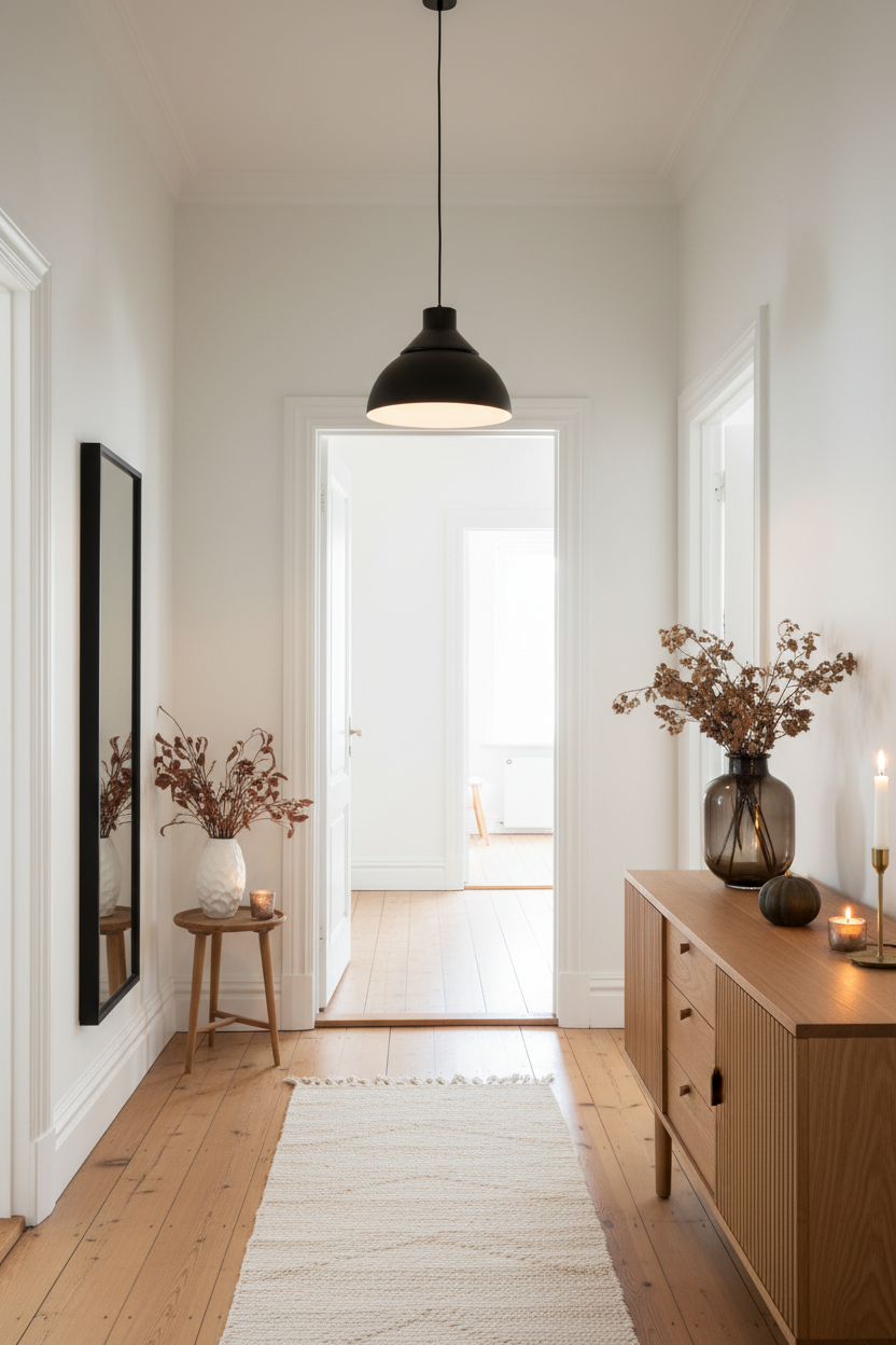 A scandi modern hallway with light wood floors, white walls, and a black dome pendant light hanging over a wooden console table 