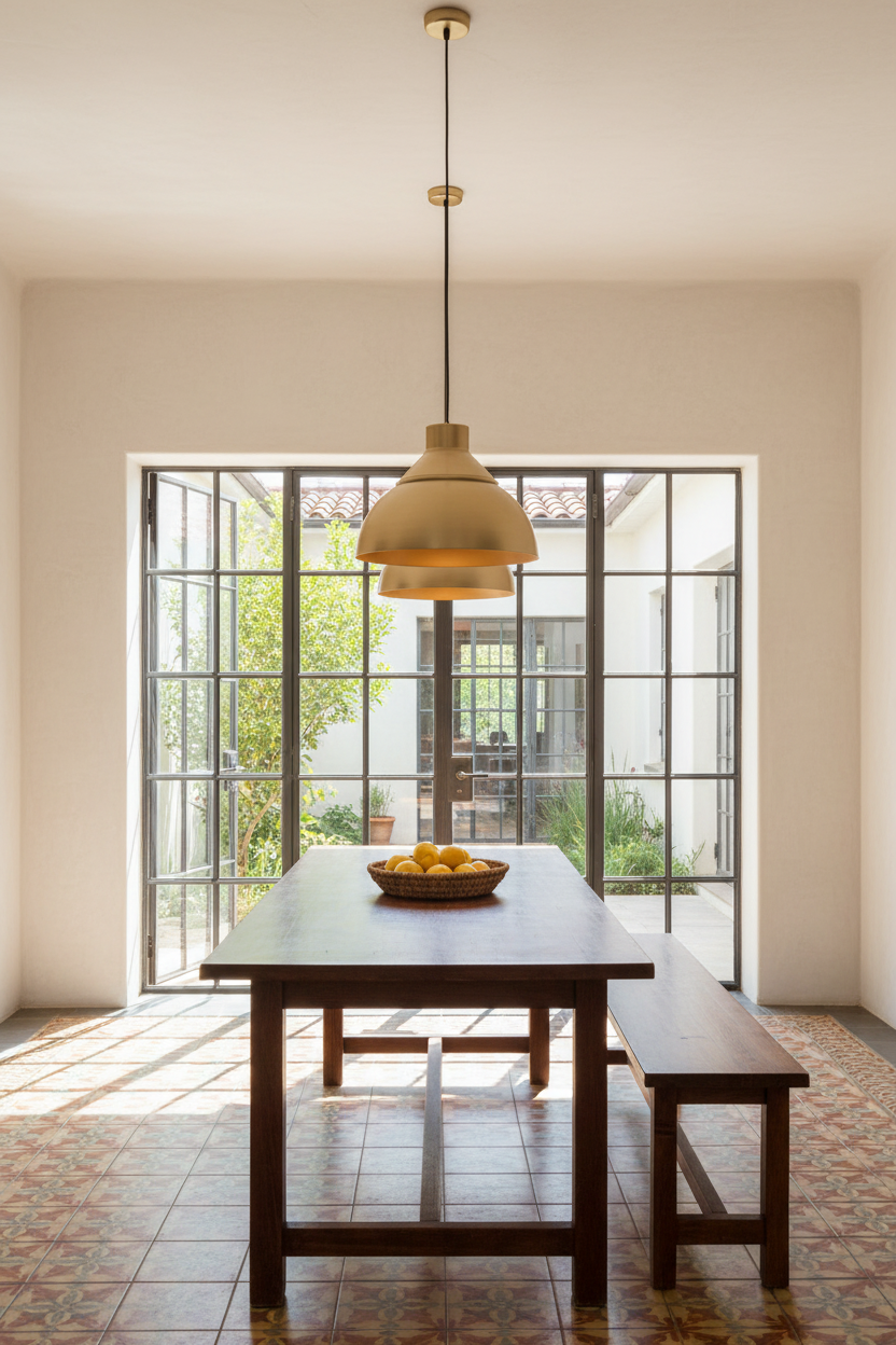 A modern dining room, dark wood rectangular table with matching benches, and two gold brass dome-shaped pendant light hanging above