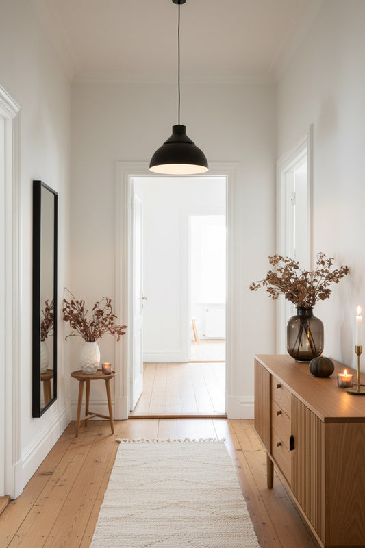 A scandi modern hallway with light wood floors, white walls, and a black dome pendant light hanging over a wooden console table 