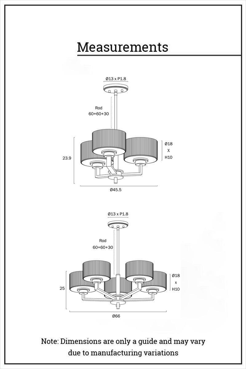 Dimensions for the 3 and 5 light chandeliers