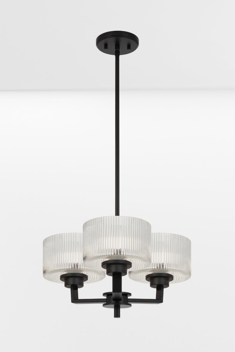 Black 3 light chandelier with clear reeded open glass shades. 
