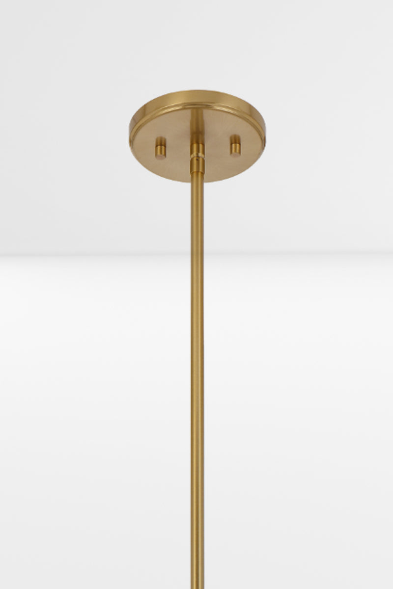 Close up of the Antique Gold finished ceiling mount and pole suspension of the chandelier. 