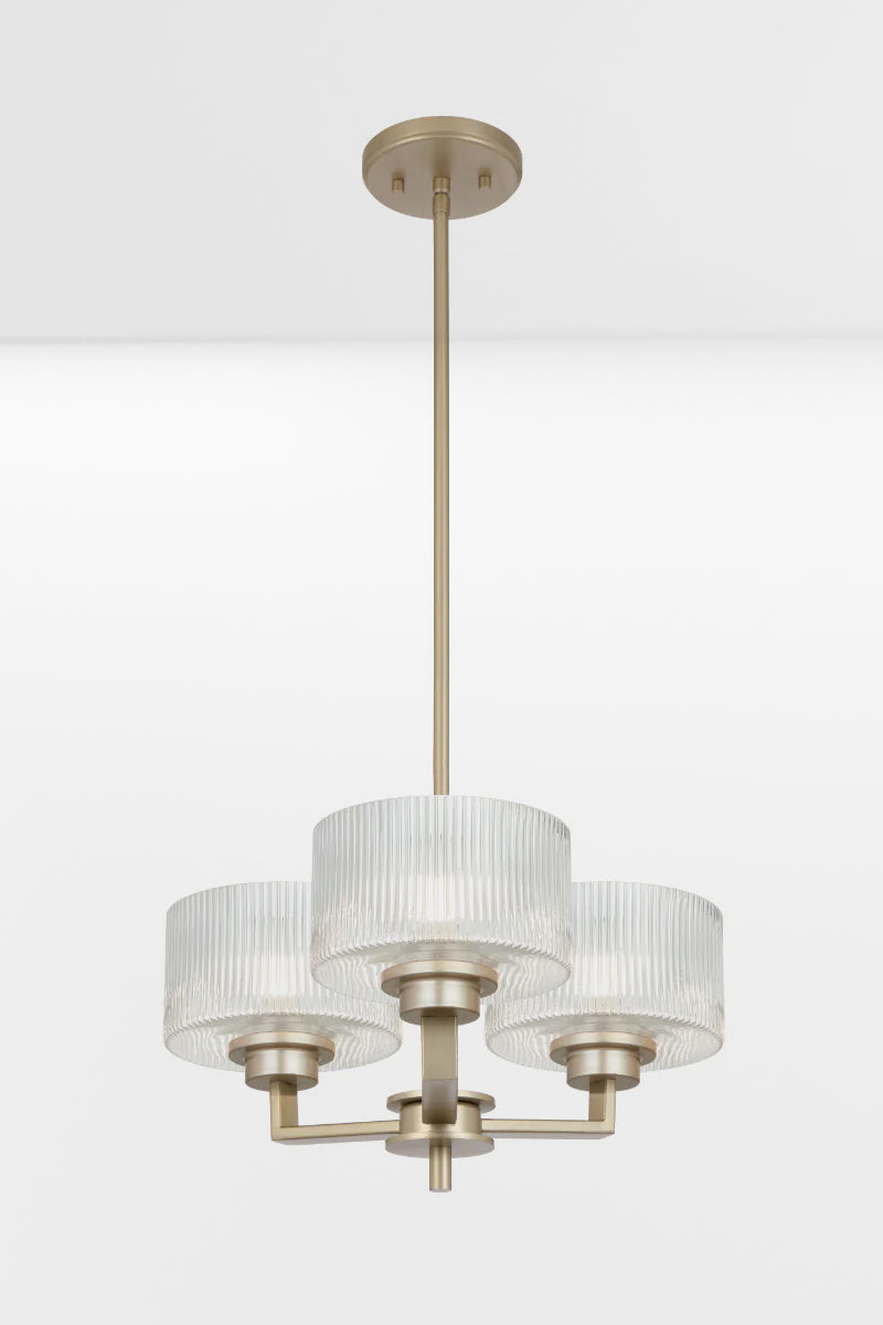 Antique Silver 3 light chandelier with clear reeded open glass shades. 