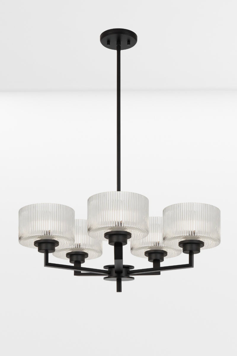 Black 5 light chandelier with clear reeded open glass shades. 