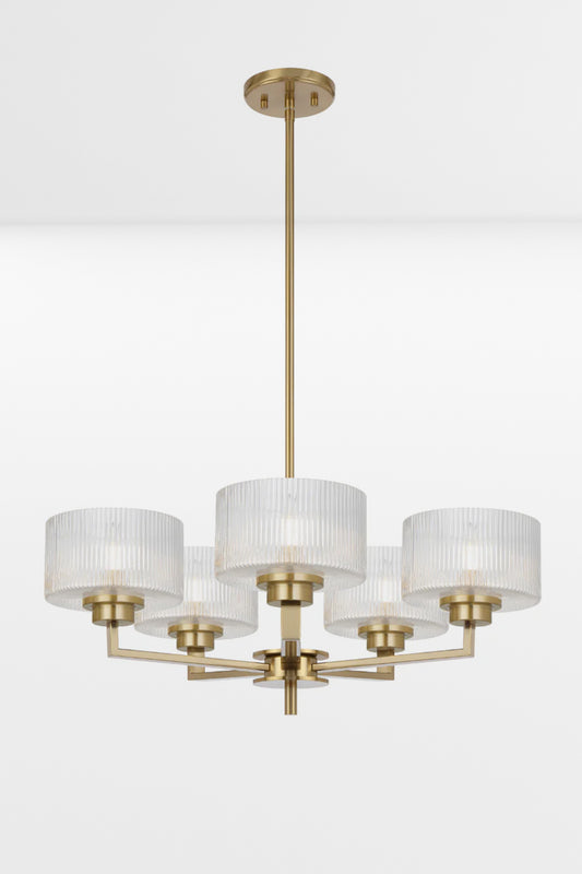Antique Gold 5 light chandelier with clear reeded open glass shades. 