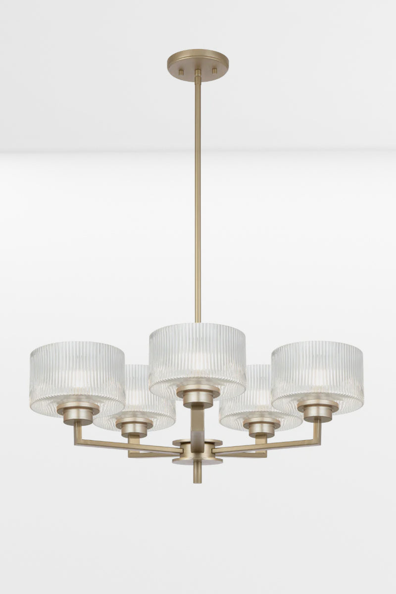 Antique Silver 5 light chandelier with clear reeded open glass shades. 
