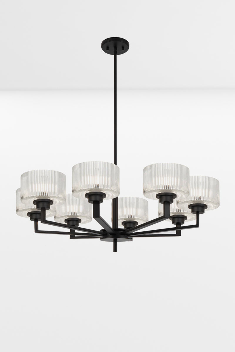 Black 8 light chandelier with clear reeded open glass shades. 