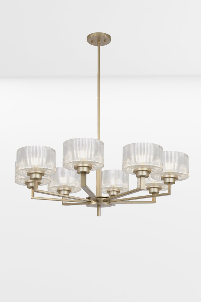 Antique Silver 8 light chandelier with clear reeded open glass shades. 