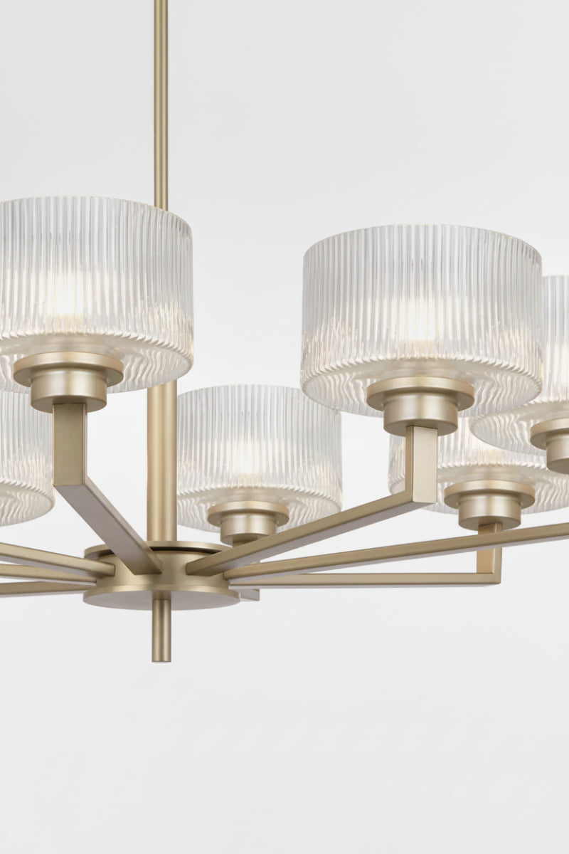 Close up of the Antique Silver 8 light chandelier with clear reeded open glass shades. 