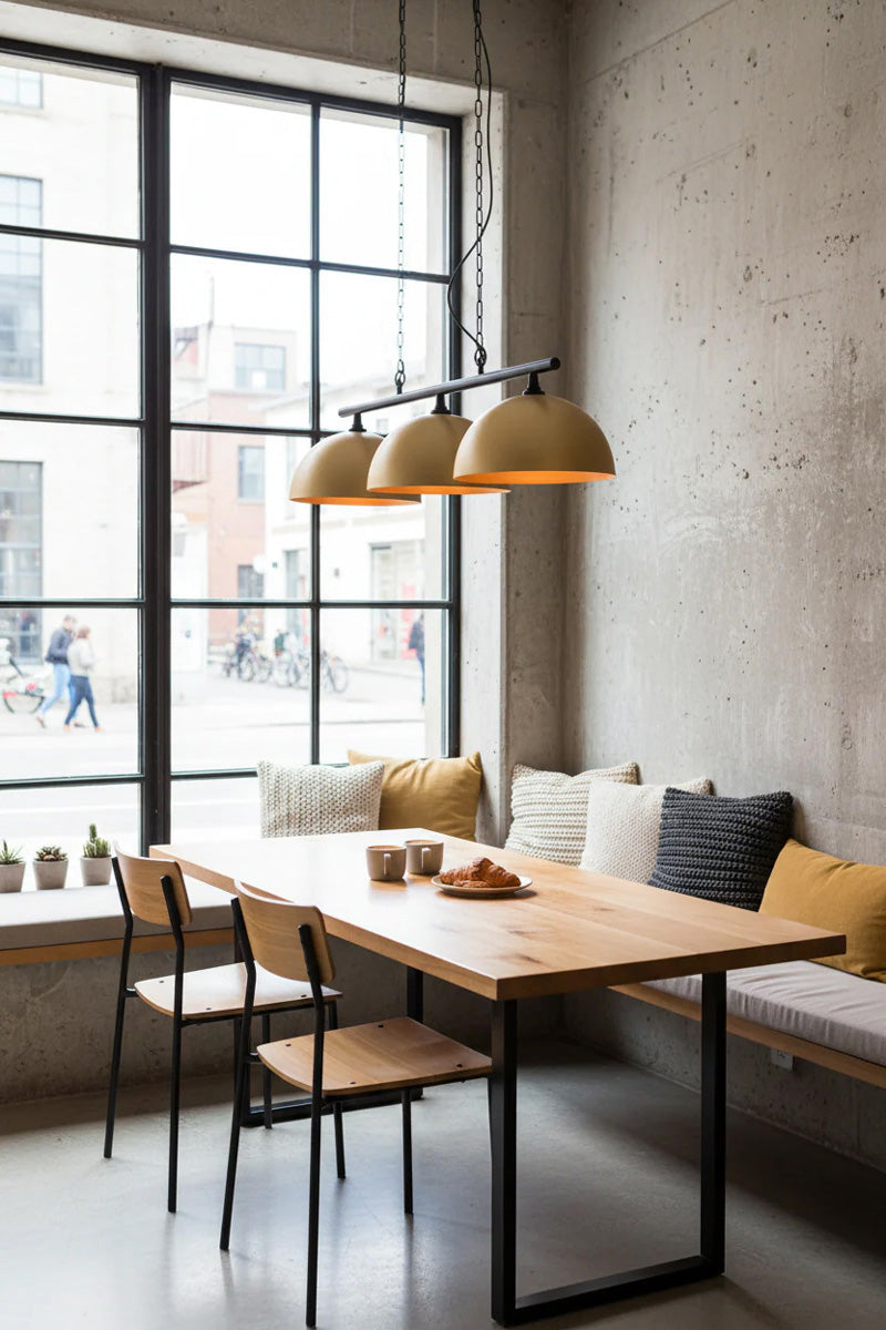 dome swing penant light in cafe over rectangle bench top