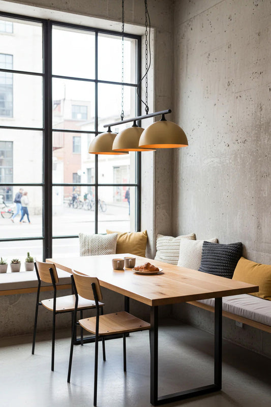 dome swing penant light in cafe over rectangle bench top