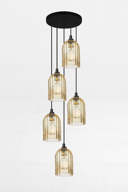 Five fluted amber glass shades, paired with a black circular ceiling rose and cords. 