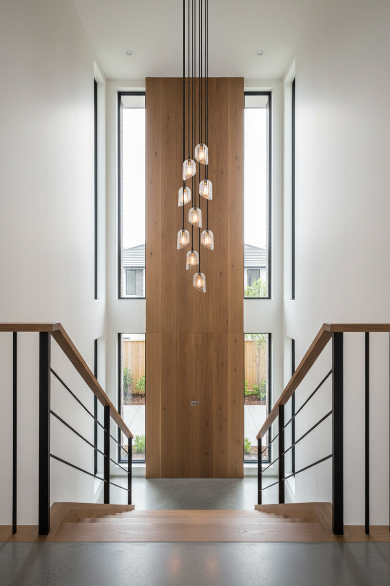 Entryway aith staircase, a 9 drop clear glass fluted shade chandelier with black cords. 