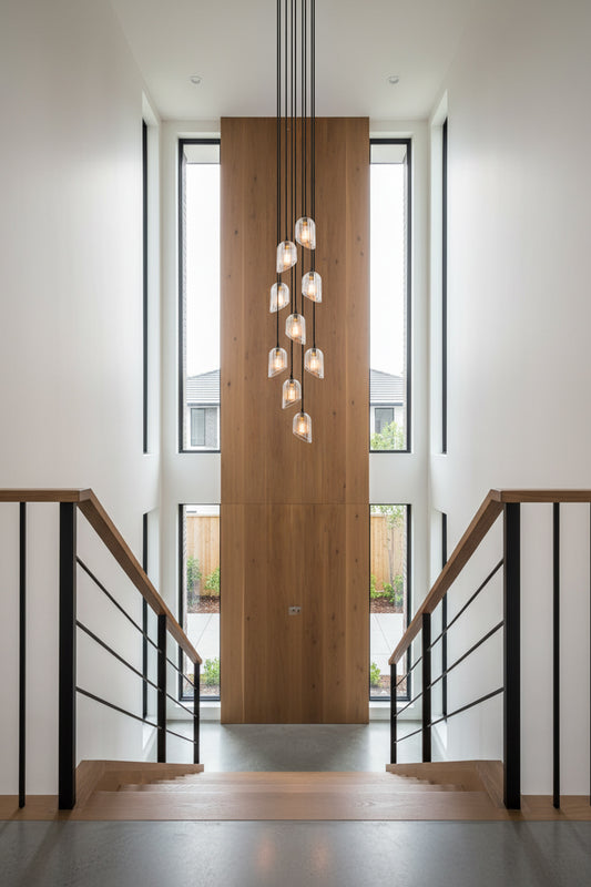 Entryway aith staircase, a 9 drop clear glass fluted shade chandelier with black cords. 