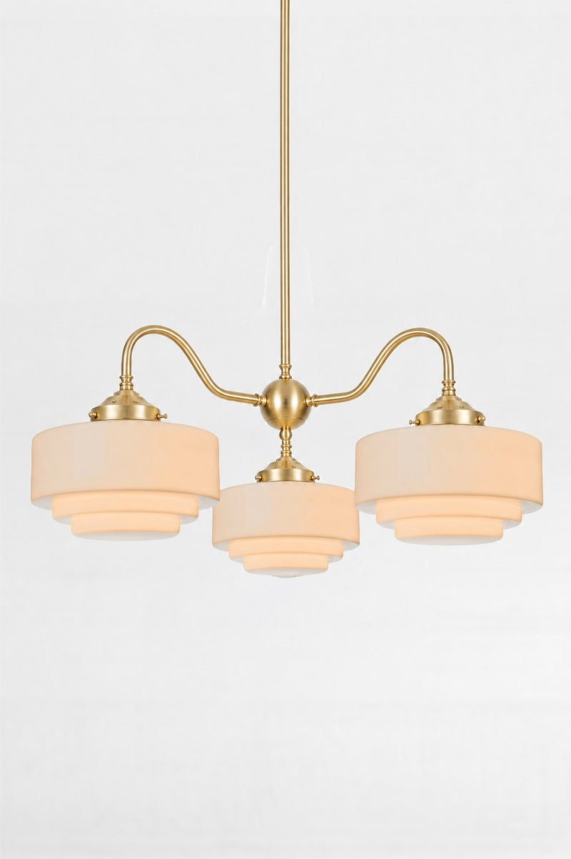Regis Glass Deco Gooseneck Chandelier in brushed brass finish with three opal effect glass shades and curved arms