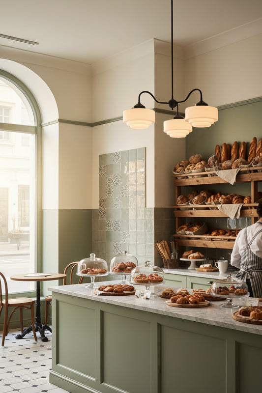 Black gooseneck 3 arm chandelier in a french style bakery. 